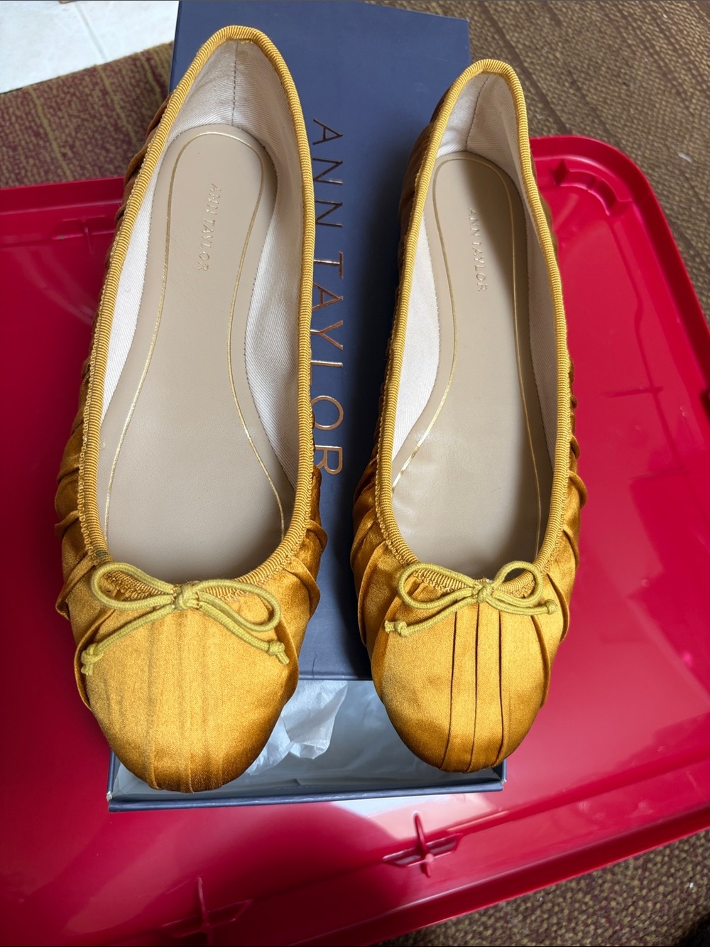 Ann Taylor Mustard Yellow Satin Bow Ballet Flats